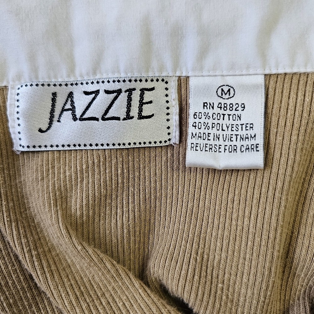 Women's Long Sleeve Collared White and Tan Top MEDIUM - Picture 4 of 4